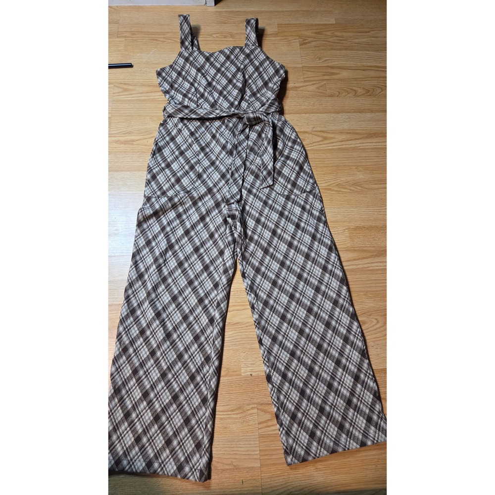 Sage The Label Brown Plaid Wide Leg Jumpsuit Sleeveless Belted NWT Size Large